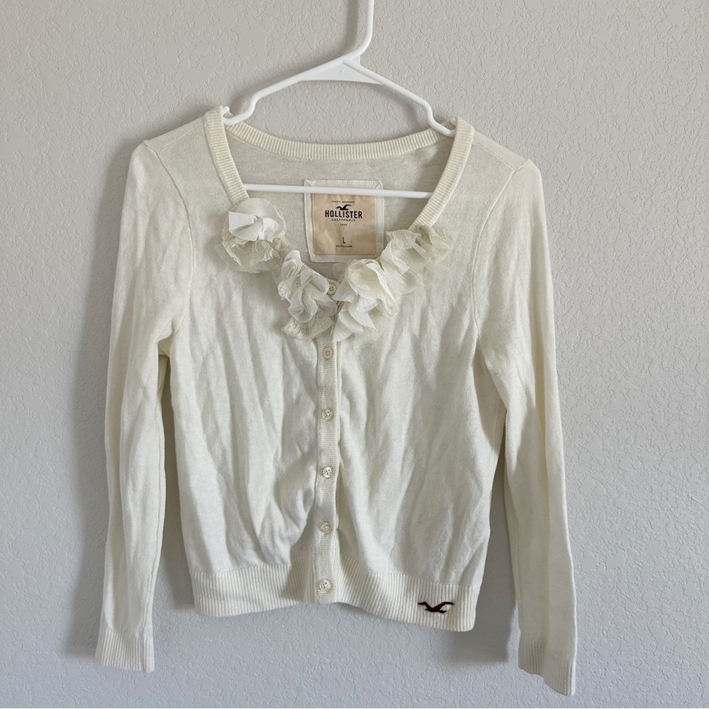 Vtg Hollister Y2K Floral Button Knit Cardigan Light Sweater Beige Cream Sz L
